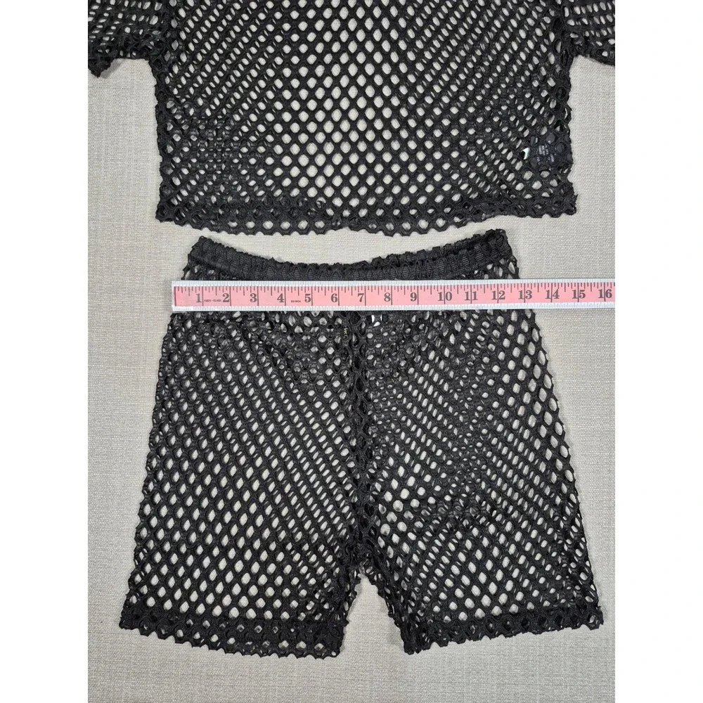 American Leisure Womens Black Fishnet Mesh Crop Top and Shorts Set Size S NEW